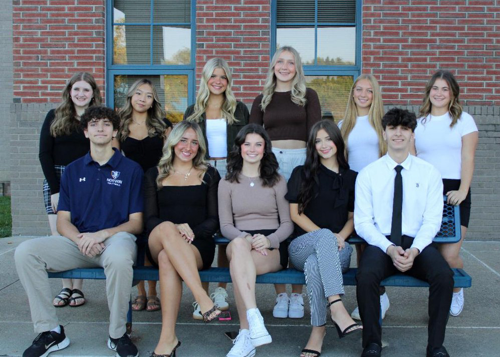 Pictured is the 2024 Norwin Homecoming Court. (Top row) freshmen Kaylee Vitsas & Leyna Dinh; juniors Shae Sida & Katie Rabo; sophomores Devon Palmiero & Camrynn Archer. (Back row) seniors John Olshanski , Adison Federovich, Molly Geissler, Addyson Granny and Ameer Elatrache (not pictured Michael Strutt). Photo Credit: Gabby Anders, Norwin High School Yearbook Staff